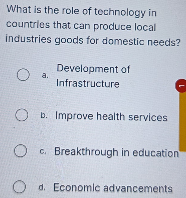 What is the role of technology in
countries that can produce local
industries goods for domestic needs?
Development of
a.
Infrastructure
b. Improve health services
c. Breakthrough in education
d. Economic advancements