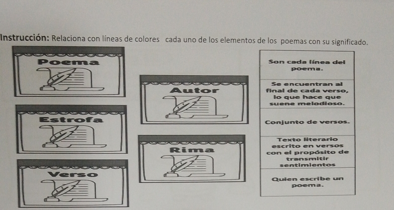 Instrucción: Relaciona con líneas de colores cada uno de los elementos de los poemas con su significado.