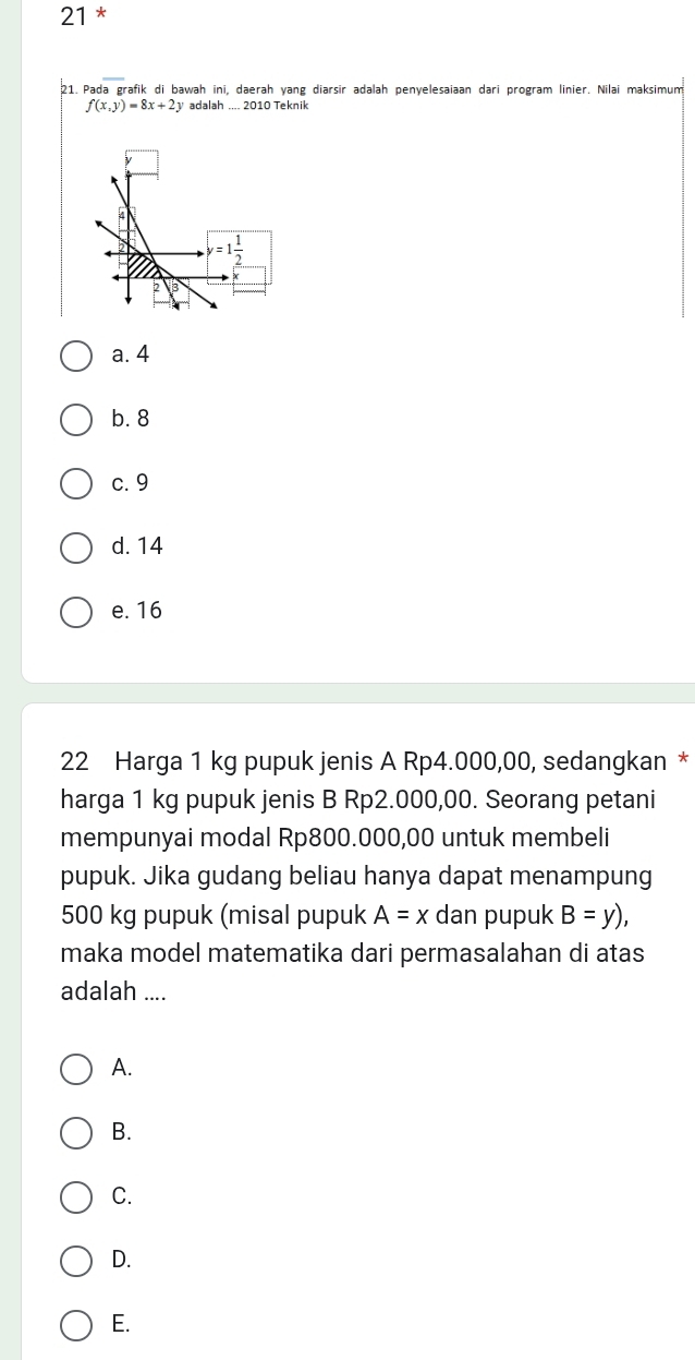 21 *
21. Pada grafik di bawah ini, daerah yang diarsir adalah penyelesaiaan dari program linier. Nilai maksimum
f(x,y)=8x+2y *    adalah  2010 Teknik
a. 4
b. 8
c. 9
d. 14
e. 16
22 Harga 1 kg pupuk jenis A Rp4.000,00, sedangkan *
harga 1 kg pupuk jenis B Rp2.000,00. Seorang petani
mempunyai modal Rp800.000,00 untuk membeli
pupuk. Jika gudang beliau hanya dapat menampung
500 kg pupuk (misal pupuk A=x dan pupuk B=y),
maka model matematika dari permasalahan di atas
adalah ....
A.
B.
C.
D.
E.