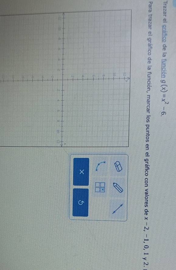 Trazar el gráfico de la función g(x)=x^2-6. 
Para trazar el gráfico de la función, marcar los puntos en el gráfico con valores de x-2, -1, 0, 1 y 2. 
×
-12