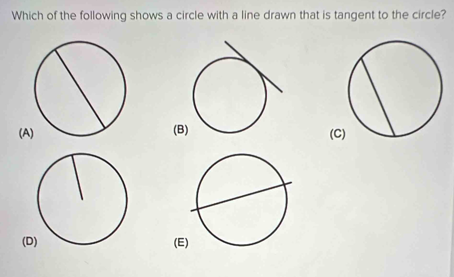 Which of the following shows a circle with a line drawn that is tangent to the circle?
(A(B(C
(D(E