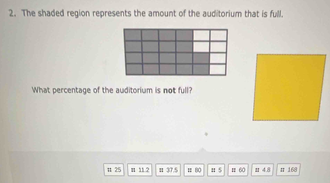 The shaded region represents the amount of the auditorium that is full. 
What percentage of the auditorium is not full? 
:: 25 :: 11.2 :: 37.5 :: 80 :: 5 :: 60 :: 4.8 :: 168