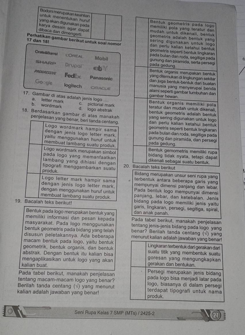 Bodoni merupakan keahlian
untuk menentukan huruf 
yang akan digunakan pada
karya desain agar dapa
dibaca dan dimengerti.
Perhatikan gambar berikut untuk soal nomor
17 dan 18! 
Crate&Barrel LOREAL Mobil 
SHARP Drupal" eb 
PROGRESSIVE FedEx Panasonic
Google logitech ORACLE 
17. Gambar di atas adalah jenis logo ....
a. letter mark c. pictorial mark
b. wordmark d. logo abstrak 
18. Berdasarkan gambar di atas manakah
penjelasa
1
20.
Bidang merupakan unsur seni rupa yang
terbentuk antara beberapa garis yang
mempunyai dimensi panjang dan lebar.
Pada bentuk logo mempunyai dimensi
panjang, lebar, dan ketebalan. Jenis
bidang pada logo memiliki jenis yaitu
19 garis, lingkaran, persegi, segitiga, spiral,
Bentuk pada logo merupakan bentuk yang dan anak panah.
memiliki informasi dan pesan kepada Pada tabel berikut, manakah penjelasan
masyarakat. Pada logo menggunakan tentang jenis-jenis bidang pada logo yang
bentuk geometris pada bidang yang telah benar? Berilah tanda centang (√) yang
disusun peletakannya. Ada beberapa menurut kalian adalah j
macam bentuk pada logo, yaitu bentuk
geometrik, bentuk organis, dan bentuk
abstrak. Dengan bentuk itu kalian bisa
mengaplikasikan untuk logo yang akan
kalian buat. 
Pada tabel berikut, manakah penjelasan
tentang macam-macam logo yang benar?
Berilah tanda centang (√) yang menurut
kalian adalah jawaban yang benar!
Seni Rupa Kelas 7 SMP (MTs) / 2425-2
27