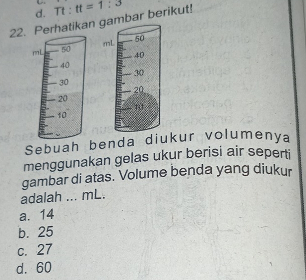 d. Tt:tt=1:3
22. Perhatikan mbar berikut!
Sebuah benda diukur volumenya
menggunakan gelas ukur berisi air seperti
gambar di atas. Volume benda yang diukur
adalah ... mL.
a. 14
b. 25
c. 27
d. 60