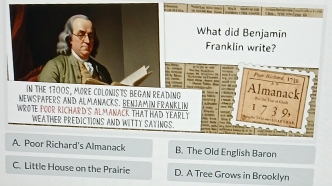 What did Benjamin
Franklin write?
Pee Au sand 1715
READING
Almanack 
NEWSPAPERS AND ALMANACKS. BENJAMIN FRANKLIN 1 7 3 9,
WROTE FOOR RICHARD'S ALMANACK THAT HAD YEARLY
WEATHER PREDICTIONS AND WITTY SAYINGS.
A. Poor Richard's Almanack B. The Old English Baron
C. Little House on the Prairie D. A Tree Grows in Brooklyn