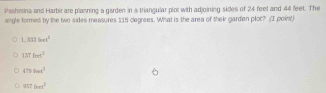 Pashmina and Harbir are planning a garden in a triangular plot with adjoining sides of 24 feet and 44 feet. The
angle formed by the two sides measures 115 degrees. What is the area of their garden plot? (1 point)
1,333feet^2
137feet^2
479feet^2
957feet^2