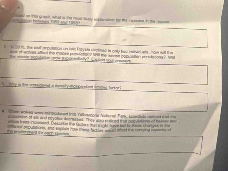 on this graph, what is the most likely explanation for the increase in the moose 
atio tween 1989 and 1995? 
2 in 2016, the wolf population on Isle Royale declined to only two individuals. How will the 
lack of wolves affect the moose population? Will the moose population populations? Will 
the moose population grow exponentially? Explain your answers. 
3. Why is fire considered a density-independent limiting factor? 
4. Wthen wolves were reintroduced into Yellowstone National Park, scientists noticed that the 
popslation of elk and coyotes decreased. They also noticed that populations of beaver and 
wllow trees increased. Describe the factors that might have led to trese changes in the 
dfferent populations, and explain how these factors would affect the carrying capacity of 
the environment for each species.