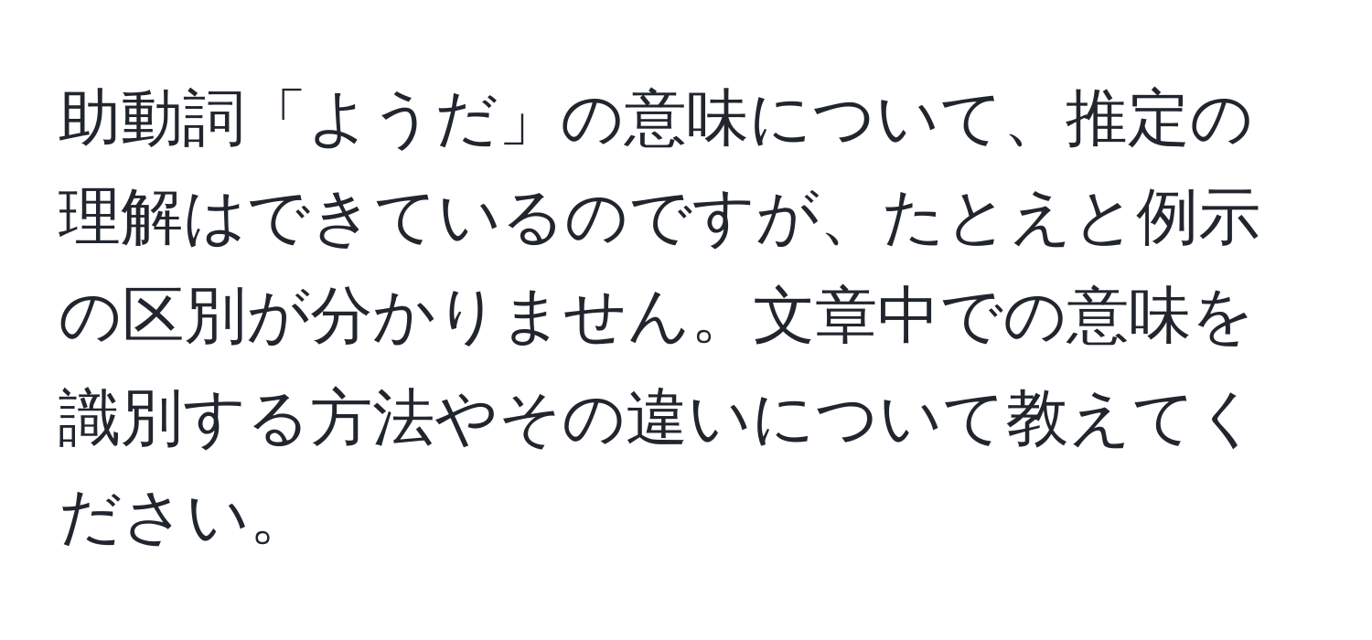 助動詞「ようだ」の意味について、推定の理解はできているのですが、たとえと例示の区別が分かりません。文章中での意味を識別する方法やその違いについて教えてください。