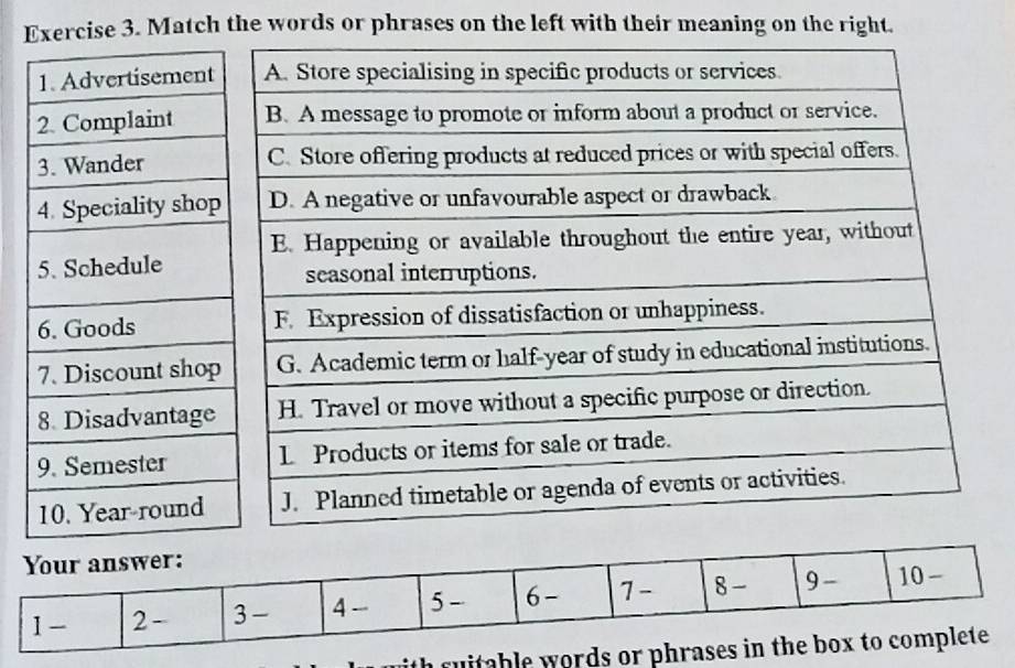 Match the words or phrases on the left with their meaning on the right. 
ith ru