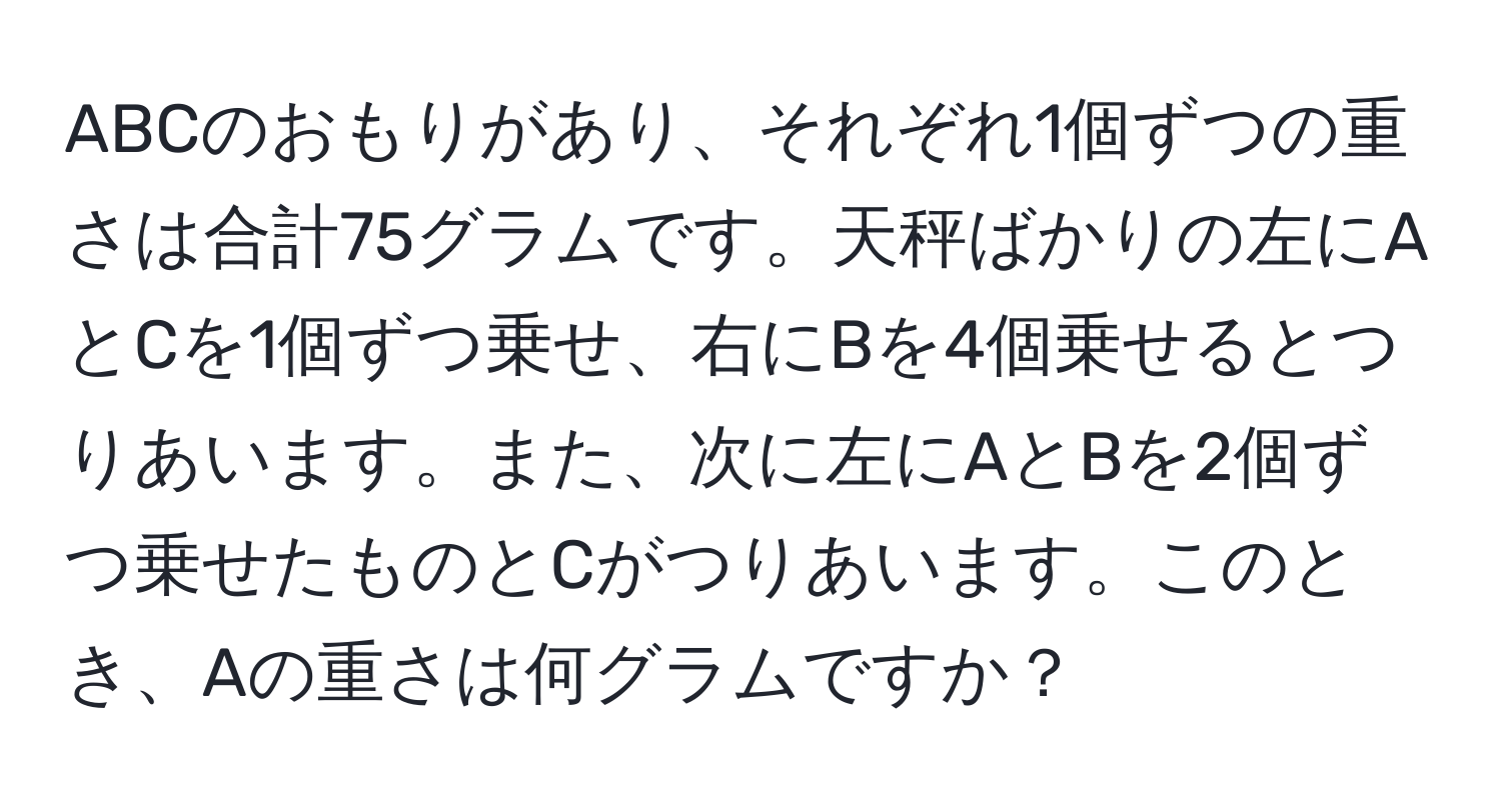 ABCのおもりがあり、それぞれ1個ずつの重さは合計75グラムです。天秤ばかりの左にAとCを1個ずつ乗せ、右にBを4個乗せるとつりあいます。また、次に左にAとBを2個ずつ乗せたものとCがつりあいます。このとき、Aの重さは何グラムですか？