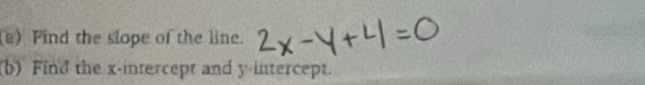 Find the slope of the line. 
b) Find the x-intercept and y intercept.