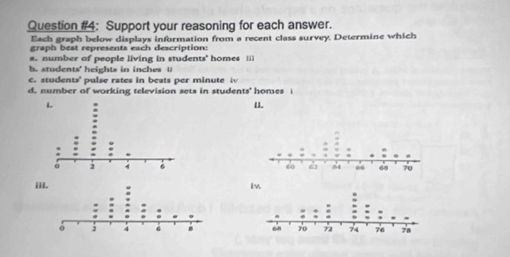 Question #4: Support your reasoning for each answer. 
Each graph below displays information from a recent class survey. Determine which 
graph best represents each description: 
a. number of people living in students' homes iii 
b. students' heights in inches i 
e. students' pulse rates in beats per minute iv 
d. number of working television sets in students' homes i 
11. 

iiiv