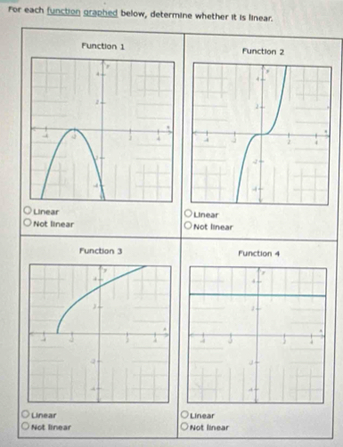 For each function graphed below, determine whether it is linear.
Function 1 Function 2
Linear Linear
Not linear Not linear
Function 3 Function 4
4
3
J
Linear Linear
Not linear Not linear