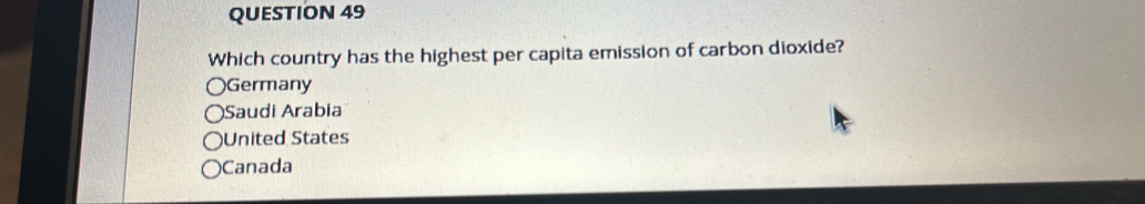 Which country has the highest per capita emission of carbon dioxide?
Germany
Saudi Arabia
United States
Canada