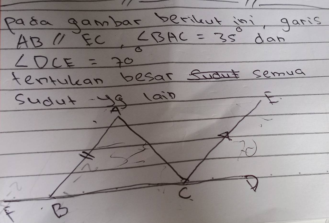 paca gambar beribut ini, garis
413 lI FC, ∠ BHC=35° dan
∠ DCE=70
tertulan besar. Sudut semua