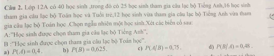 Lớp 12A có 40 học sinh ,trong đó có 25 học sinh tham gia câu lạc bộ Tiếng Anh, 16 học sinh
tham gia câu lạc bộ Toán học và Tuổi trẻ, 12 học sinh vừa tham gia câu lạc bộ Tiếng Anh vừa tham
gia câu lạc bộ Toán học .Chọn ngẫu nhiên một học sinh.Xét các biến cố sau:
A:''Học sinh được chọn tham gia câu lạc bộ Tiếng Anh'',
B :''Học sinh được chọn tham gia câu lạc bộ Toán học''.
a) P(A)=0,4. b) P(B)=0,625. c) P(A/B)=0,75. d) P(B/A)=0,48.