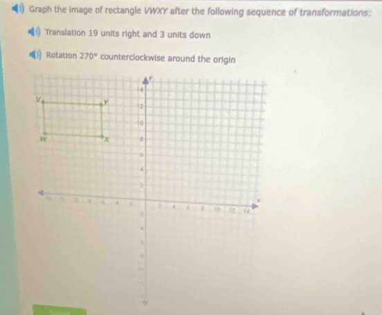 Graph the image of rectangle VWXY after the following sequence of transformations: 
Translation 19 units right and 3 units down 
Rotation 270° counterclockwise around the origin