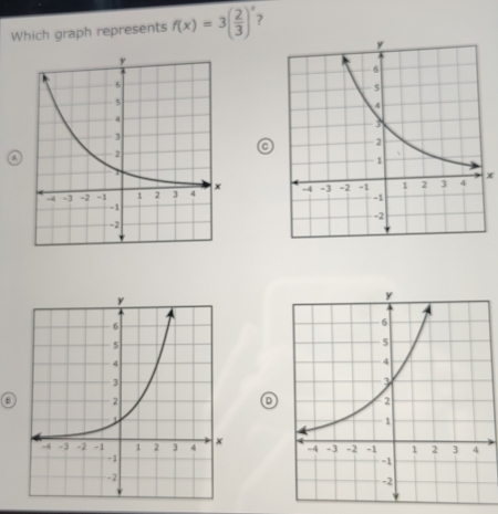 Which graph represents f(x)=3( 2/3 )^x 7 
C 
a
x
D