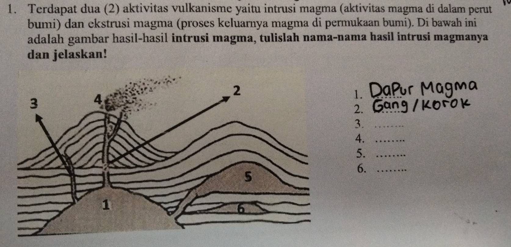 Terdapat dua (2) aktivitas vulkanisme yaitu intrusi magma (aktivitas magma di dalam perut 
bumi) dan ekstrusi magma (proses keluarnya magma di permukaan bumi). Di bawah ini 
adalah gambar hasil-hasil intrusi magma, tulislah nama-nama hasil intrusi magmanya 
dan jelaskan! 
1._ 
2._ 
3._ 
4._ 
5._ 
6._