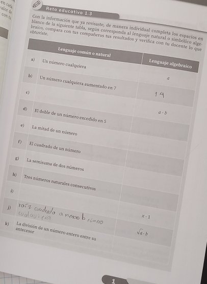 en cad
ralor de
Reto educativo 1.3
con n Con la información que ya revisaste, de manera individual completos en
blanco de la siguiente tabla, según corresponda alge
obtuv braico, compara con tus que
i
j)
k)
1