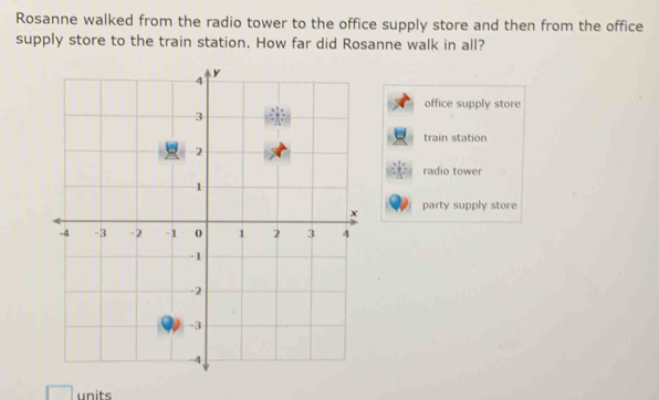 Rosanne walked from the radio tower to the office supply store and then from the office
supply store to the train station. How far did Rosanne walk in all?
office supply store
train station
radio tower
party supply store
units