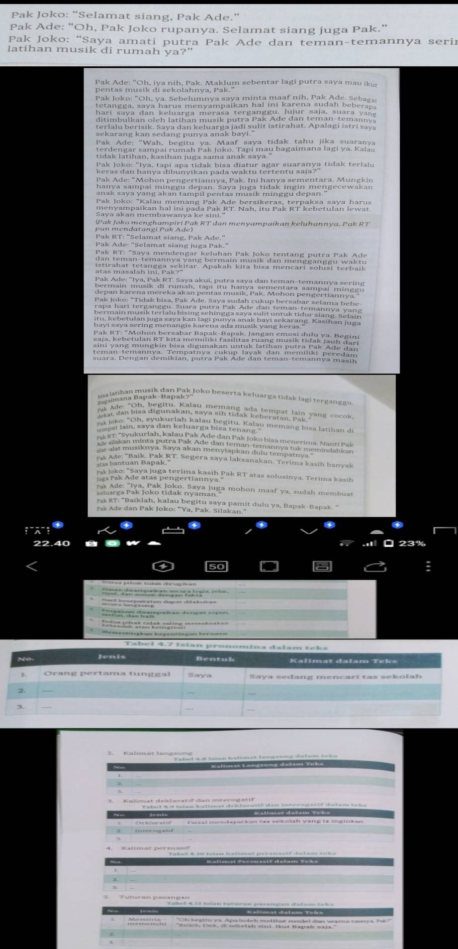 Pak Joko: “Selamat siang, Pak Ade.”
Pak Ade: “Oh, Pak Joko rupanya. Selamat siang juga Pak.”
Pak Joko: “Saya amati putra Pak Ade dan teman-temannya serir
latihan musik di rumah ya?”
Pak Ade: “Oh, iya nih, Pak. Maklum sebentar lagi putra saya mau iku
pentas musik di sekolahnya, Pak."
Pak Joko: "Oh, ya. Sebelumnya saya minta maaf nih, Pak Ade. Sebaga
tetangga, saya harus menyampaikan hal ini karena sudah beberapa
hari saya dan keluarga merasa terganggu. Jujur saja, suara yan
cetalabonaha Saya dan keluäng Jadis uit strahaß, Apalagt isanays
sekarang kan sedang punya anak bayi.'
Pak Ade: “Wah, begitu ya. Maaf saya tidak tahu jika suaranya
tidak latihan, kašinan juga sadokan ak namau bagaimana lagi ya. Kalau
Pak Joko: “Iya, tapi apa tidak bisa diatur agar suaranya tidak terlalu
keras dan hanya dibunyikan pada waktu tertentu saja?"
Pak Ade: "Mohon pengertiannya, Pak. Ini hanya sementara. Mungkin
hanya sampai minggu depan. Saya juga tidak ingin mengecewakan
anak saya yang akan tampil pentas musik minggu depan."
* Pak Joko: 'Kalau memang Pak Ade bersikeras, terpaksa saya harus
Saya akan membawanya ke sak RT. Nah, itu Pak RT kebetulan lewat.
(Pak Joko menghampiri Pak RT dan menyampaikan keluhannya. Pak RT
pun mendatangi Pak Ade)
Pak RT: “Selamat siang, Pak Ade.”
Pak Ade: "Selamat siang juga Pak.'
Bak Ban äñaxa, menden garkoluhan,Pak Joke Jentanı purga Dak. Ade
istirahat tetangga sekitar. Apakah kita bisa mencari solusi terbaik
atas masalah ini, Pak?'
depan karena mereka akan pentas musik, Pak. Mohon pengertiannya.
sini yang mungkin bisa digunakan untuk latihan putra Pak Ade dan
teman-temannya. Tempatnya cukup layak dan memiliki peredam
suara. Dengan demikian, putra Pak Ade dan teman-temannya masih 
Bagamana Bapak-Bapaga /oko beserta keluarga tidak lagí terganggu
J a dân Síaa arguna dn au p em thấn k la perpar, laio yang cocok.
bat Jai, Bavy ulauria Ialga begitu. Kalau memang bisa latihan di
Pak Ade: 'Baik. Pak RT. Segera saya laksanakan. Terima kasih banvak
atas bantuan Bapak."
De ehe Kae a lu go lyertkasih Pak RT atas solusinya. Terima kasih
eak Ade: "Iya, Pak Joko. Saya juga mohon maaf ya, sudah membuat
keluarga Pak Joko tidak nyaman.
Pak RT: “Baiklah, kalau begitu saya pamit dulu ya, Bapak-Bapak. '
Pak Ade dan Pak Joko: “Ya, Pak. Silakan.”
 23%
50
aa pthoộ tibã dir ugācan
m  de o e   c e A     
Houé Kous golten depat ditakrécas
* mgasan diaampaikan dengas sepan
Endum płak cáłak malins mstrahaakan
T  Meneneingkan kepentisgan bersea
e  e          
No. Jenis
Paisal mendspatkan tas sekolah yang la inginkan
Tašel 4.11 Isian tataran pasangan dalsm teks
Kalämet ha lams Tu l
M