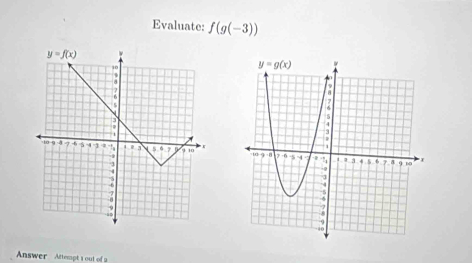 Evaluate: f(g(-3))

Answer Attempt 1 out of 2