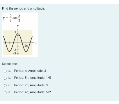 Find the period and amplitude.
y= 5/2 cos  x/2 
Select one:
a. Period: π, Amplitude: 3
b. Period: 5π, Amplitude: 1/5
c. Period: 2π, Amplitude: 3
d. Period: 4π, Amplitude: 5/2