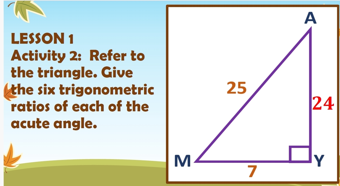 LESSON 1 
Activity 2: Refer to 
the triangle. Give 
the six trigonometric 
ratios of each of the 
acute angle.