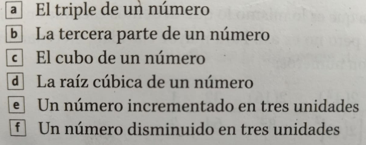 a El triple de un número
b La tercera parte de un número
El cubo de un número
d La raíz cúbica de un número
eUn número incrementado en tres unidades
f Un número disminuido en tres unidades