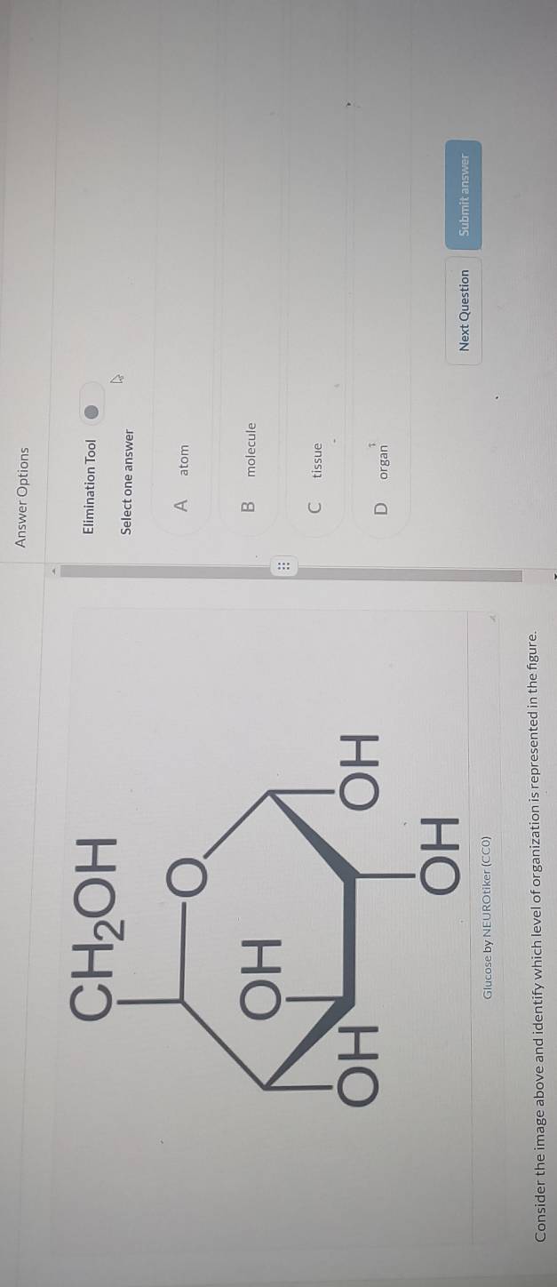 Answer Options
Elimination Tool
Select one answer
A atom
B molecule
=
C tissue
D organ^1
Next Question Submit answer
Glucose by NEUROtiker (CC0)
Consider the image above and identify which level of organization is represented in the figure.