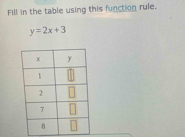 Fill in the table using this function rule.
y=2x+3