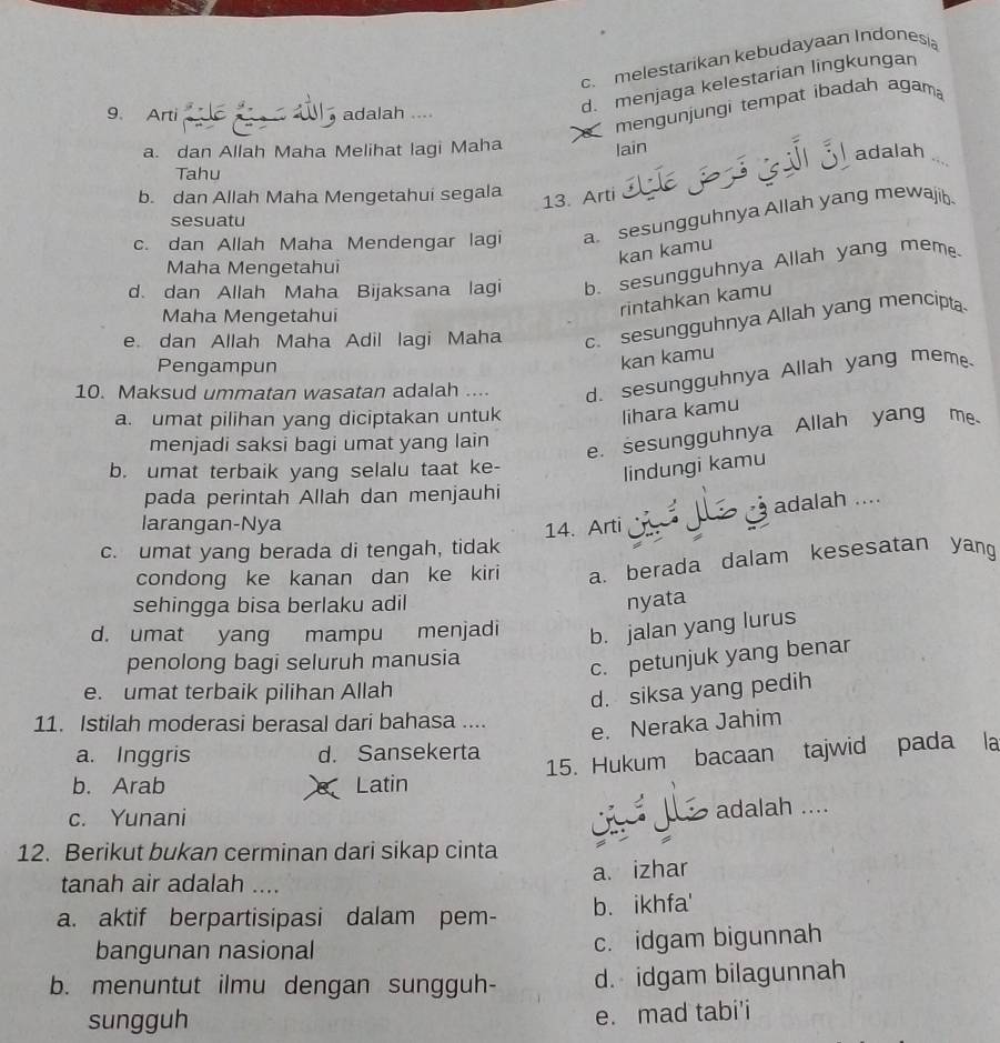 c. melestarikan kebudayaan Indones 
9. Arti adalah ....
d. menjaga kelestarian lingkungan
mengunjungi tempat ibadah agam
a. dan Allah Maha Melihat lagi Maha lain
adalah
Tahu
b. dan Allah Maha Mengetahui segala
13. Arti
sesuatu
c. dan Allah Maha Mendengar lagi a. sesungguhnya Allah yang mewajib
kan kamu
Maha Mengetahui
d. dan Allah Maha Bijaksana lagi b. sesungguhnya Allah yang mem
Maha Mengetahui
rintahkan kamu
e. dan Allah Maha Adil lagi Maha c. sesungguhnya Allah yang mencipta
Pengampun
kan kamu
10. Maksud ummatan wasatan adalah .... d. sesungguhnya Allah yang meme-
a. umat pilihan yang diciptakan untuk
lihara kamu
menjadi saksi bagi umat yang lain
e. sesungguhnya Allah yang me
b. umat terbaik yang selalu taat ke-
lindungi kamu
pada perintah Allah dan menjauhi
adalah ....
larangan-Nya 14. Arti
c. umat yang berada di tengah, tidak
condong ke kanan dan ke kiri a. berada dalam kesesatan yang
sehingga bisa berlaku adil nyata
d. umat yang mampu menjadi b. jalan yang lurus
penolong bagi seluruh manusia
c. petunjuk yang benar
e. umat terbaik pilihan Allah
d. siksa yang pedih
11. Istilah moderasi berasal dari bahasa ....
e. Neraka Jahim
15. Hukum bacaan tajwid pada la
a. Inggris d. Sansekerta
b. Arab  Latin
c. Yunani  adalah ....
12. Berikut bukan cerminan dari sikap cinta
tanah air adalah .... a. izhar
a. aktif berpartisipasi dalam pem- b. ikhfa'
bangunan nasional c. idgam bigunnah
b. menuntut ilmu dengan sungguh- d. idgam bilagunnah
sungguh
e. mad tabi'i