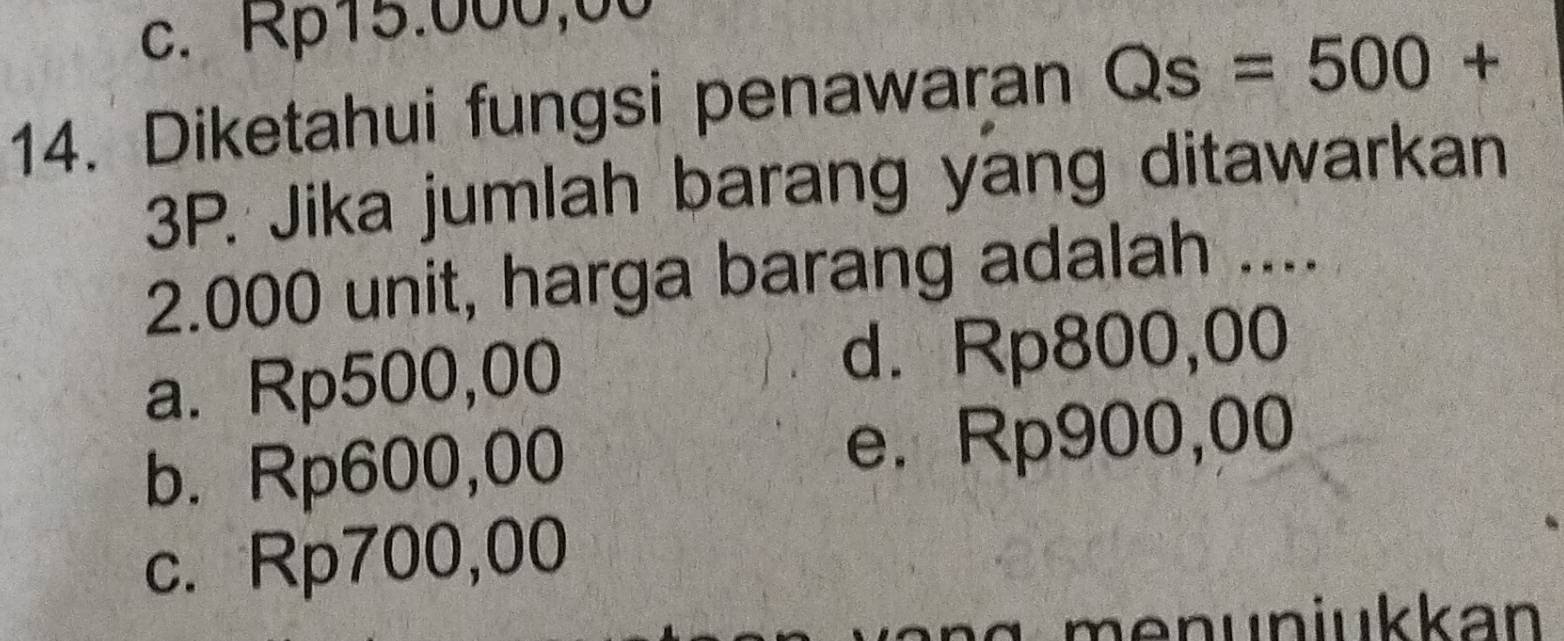 c. Rp15.000,00
14. Diketahui fungsi penawaran Qs=500+
3P. Jika jumlah barang yang ditawarkan
2.000 unit, harga barang adalah ....
a. Rp500,00 d. Rp800,00
b. Rp600,00 e. Rp900,00
c. Rp700,00