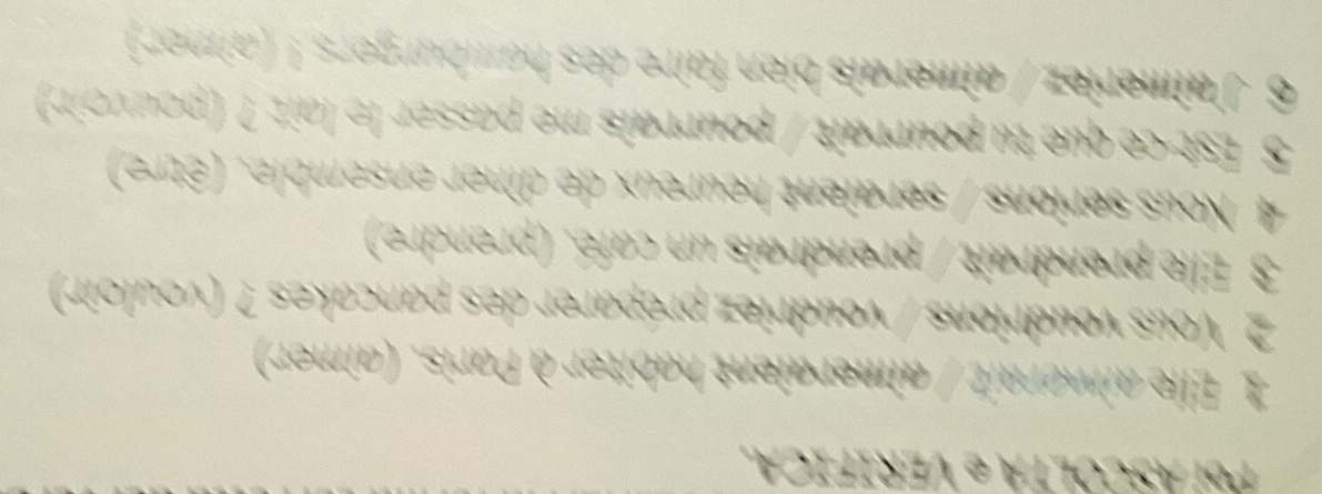 Poi ASCOLTA e VERÍFICA, 
1 Elle aimeraît / aimeraient habiter à Paris. (aimer) 
2 Vous voudrions / voudriez préparer des pancakes ? (vouloir) 
3 Elle prendrait / prendrais un café. (prendre) 
4 Nous serions / seraient heureux de dîner ensemble. (être) 
5 Est-ce que tu pourrait / pourrais me passer le lait ? (pouvoir) 
6 J'aîmeriez / aîmerais bien faire des hamburgers ! (aîmer)