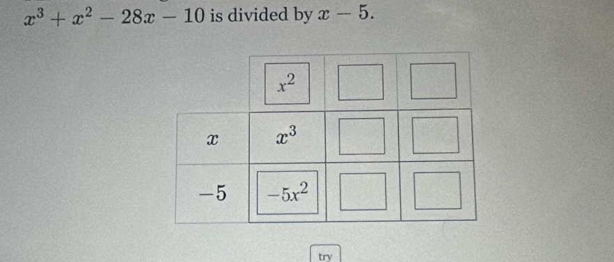 x^3+x^2-28x-10 is divided by x-5.
try