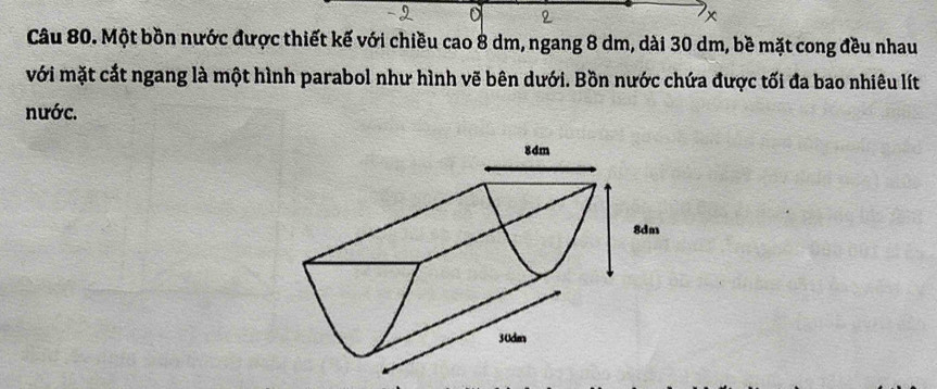 Một bồn nước được thiết kế với chiều cao 8 dm, ngang 8 dm, dài 30 dm, bề mặt cong đều nhau 
với mặt cắt ngang là một hình parabol như hình vẽ bên dưới. Bồn nước chứa được tối đa bao nhiêu lít 
nước.