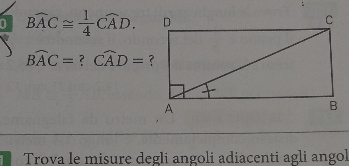 0 widehat BAC≌  1/4 Cwidehat AD.
widehat BAC= ? Cwidehat AD=
Trova le misure degli angoli adiacenti agli angol