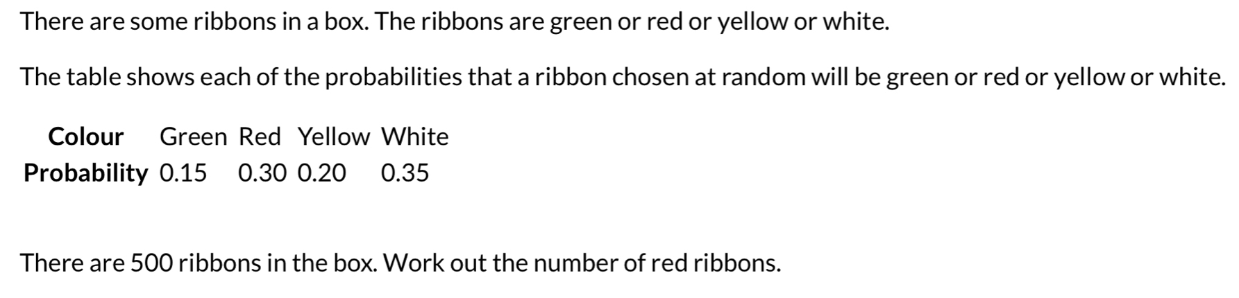 There are some ribbons in a box. The ribbons are green or red or yellow or white. 
The table shows each of the probabilities that a ribbon chosen at random will be green or red or yellow or white. 
Colour Green Red Yellow White 
Probability 0.15 0.30 0.20 0.35
There are 500 ribbons in the box. Work out the number of red ribbons.