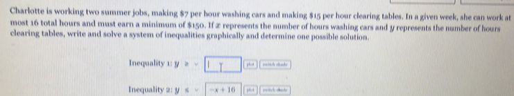 Charlotte is working two summer jobs, making $7 per hour washing cars and making $15 per hour clearing tables. In a given week, she can work at 
most 16 total hours and must earn a minimum of $150. If æ represents the number of hours washing cars and y represents the number of hours
clearing tables, write and solve a system of inequalities graphically and determine one possible solution. 
Inequality 1: y≥slant -1 suitih shade 
Inequality 2: y≤ -|-x+16 plt
