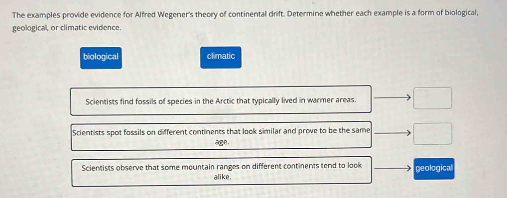 The examples provide evidence for Alfred Wegener's theory of continental drift. Determine whether each example is a form of biological,
geological, or climatic evidence.
biological climatic
Scientists find fossils of species in the Arctic that typically lived in warmer areas.
Scientists spot fossils on different continents that look similar and prove to be the same
age.
Scientists observe that some mountain ranges on different continents tend to look geological
alike.