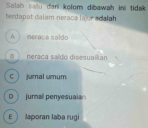 Salah satu dari kolom dibawah ini tidak
terdapat dalam neraca lajur adalah
A neraca saldo
B  neraca saldo disesuaikan
C jurnal umum
D  jurnal penyesuaian
E  laporan laba rugi