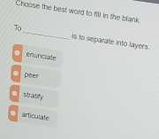 Choose the best word to fill in the blank.
To_ is to separate into layers.
. enunciate
peer
stratify
articulate