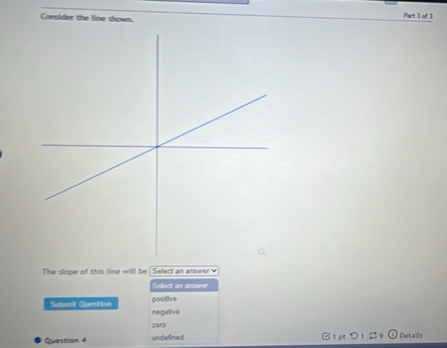 Consider the line shown.
Part 3 of 3
The slope of this line will be Select an answer 
Select an answer
Submit Question positive
negative
zéro
Question 4 undefined B1 pt つ 1 29 ⓘ Details