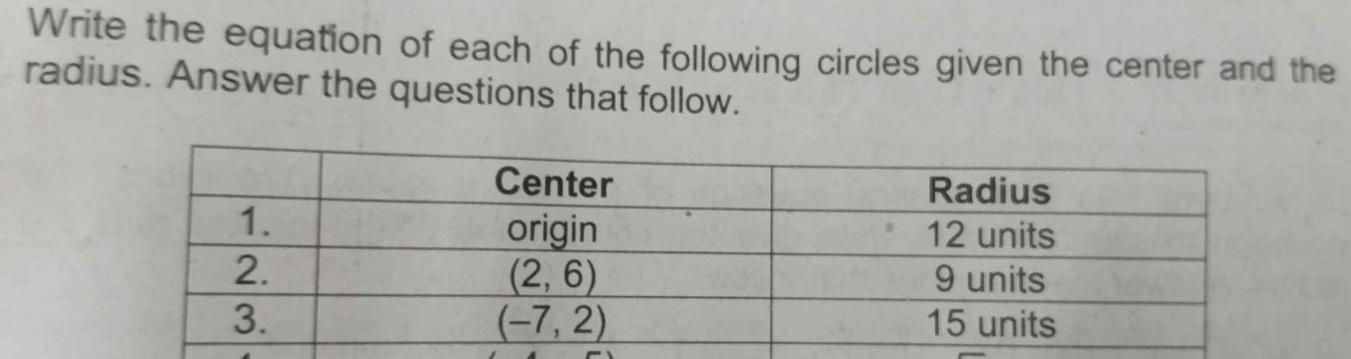 Write the equation of each of the following circles given the center and the
radius. Answer the questions that follow.