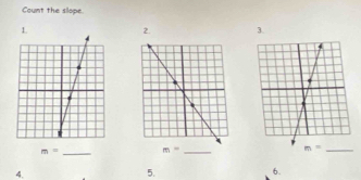 Count the slope.
1. 2. 3.
m= _ m= _
4.
5.
6.