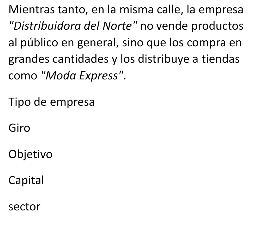 Mientras tanto, en la misma calle, la empresa
"Distribuidora del Norte" no vende productos
al público en general, sino que los compra en
grandes cantidades y los distribuye a tiendas
como "Moda Express".
Tipo de empresa
Giro
Objetivo
Capital
sector