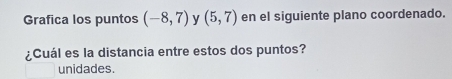 Grafica los puntos (-8,7) y (5,7) en el siguiente plano coordenado. 
¿Cuál es la distancia entre estos dos puntos? 
unidades.