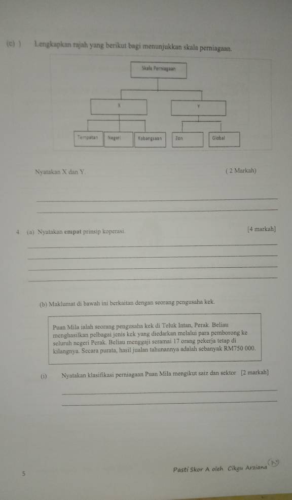 ) Lengkapkan rajah yang berikut bagi menunjukkan skala perniagaan. 
Nyatakan X dan Y. ( 2 Markah) 
_ 
_ 
4 (a) Nyatakan empat prinsip koperasi [4 markah] 
_ 
_ 
_ 
_ 
(b) Maklumat di bawah ini berkaitan dengan seorang pengusaha kek. 
Puan Mila ialah seorang pengusaha kek di Teluk Intan, Perak. Beliau 
menghasilkan pelbagai jenis kek yang diedarkan melalui para pemborong ke 
seluruh negeri Perak. Beliau menggaji seramai 17 orang pekerja tetap di 
kilangnya. Secara purata, hasil jualan tahunannya adalah sebanyak RM750 000. 
(i) Nyatakan klasifikasi perniagaan Puan Mila mengikut saiz dan sektor [2 markah] 
_ 
_ 
Pasti Skor A oleh Cikgu Arziana