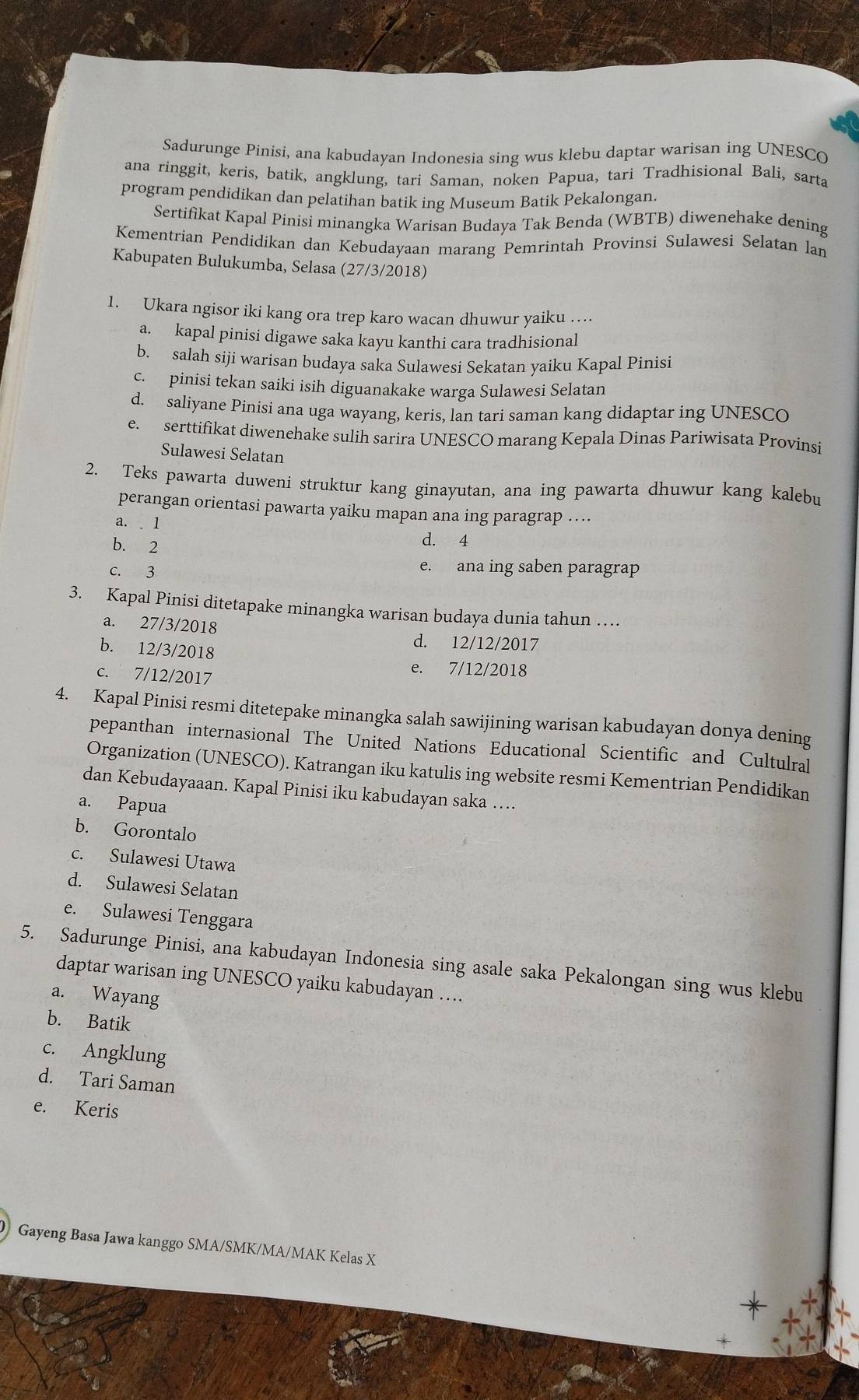 Sadurunge Pinisi, ana kabudayan Indonesia sing wus klebu daptar warisan ing UNESCO
ana ringgit, keris, batik, angklung, tari Saman, noken Papua, tari Tradhisional Bali, sarta
program pendidikan dan pelatihan batik ing Museum Batik Pekalongan
Sertifikat Kapal Pinisi minangka Warisan Budaya Tak Benda (WBTB) diwenehake dening
Kementrian Pendidikan dan Kebudayaan marang Pemrintah Provinsi Sulawesi Selatan lan
Kabupaten Bulukumba, Selasa (27/3/2018)
1. Ukara ngisor iki kang ora trep karo wacan dhuwur yaiku …
a. kapal pinisi digawe saka kayu kanthi cara tradhisional
b. salah siji warisan budaya saka Sulawesi Sekatan yaiku Kapal Pinisi
c. pinisi tekan saiki isih diguanakake warga Sulawesi Selatan
d. saliyane Pinisi ana uga wayang, keris, lan tari saman kang didaptar ing UNESCO
e. serttifikat diwenehake sulih sarira UNESCO marang Kepala Dinas Pariwisata Provinsi
Sulawesi Selatan
2. Teks pawarta duweni struktur kang ginayutan, ana ing pawarta dhuwur kang kalebu
perangan orientasi pawarta yaiku mapan ana ing paragrap …·
a.  1
b. 2
d. 4
c. 3
e. ana ing saben paragrap
3. Kapal Pinisi ditetapake minangka warisan budaya dunia tahun …
a. 27/3/2018
d. 12/12/2017
b. 12/3/2018
c. 7/12/2017
e. 7/12/2018
4. Kapal Pinisi resmi ditetepake minangka salah sawijining warisan kabudayan donya dening
pepanthan internasional The United Nations Educational Scientific and Cultulral
Organization (UNESCO). Katrangan iku katulis ing website resmi Kementrian Pendidikan
dan Kebudayaaan. Kapal Pinisi iku kabudayan saka …
a. Papua
b. Gorontalo
c. Sulawesi Utawa
d. Sulawesi Selatan
e. Sulawesi Tenggara
5. Sadurunge Pinisi, ana kabudayan Indonesia sing asale saka Pekalongan sing wus klebu
daptar warisan ing UNESCO yaiku kabudayan …
a. Wayang
b. Batik
c. Angklung
d. Tari Saman
e. Keris
Gayeng Basa Jawa kanggo SMA/SMK/MA/MAK Kelas X